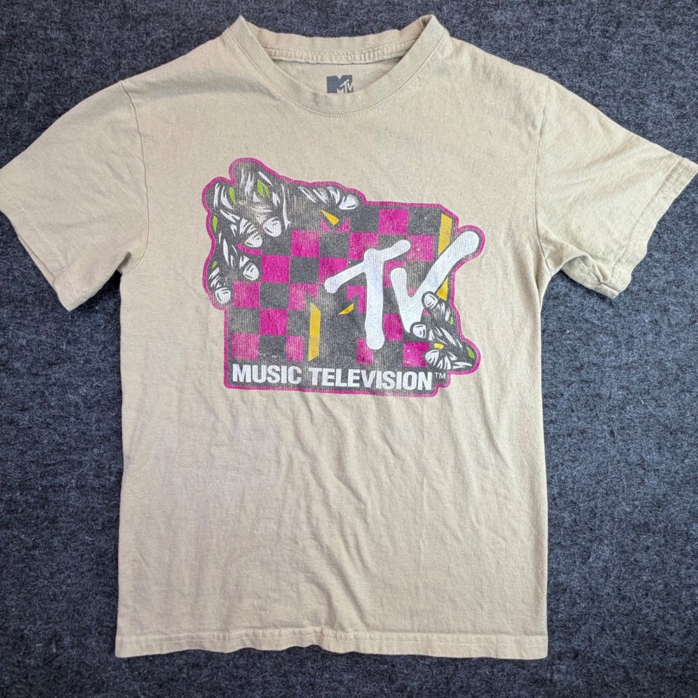 MTV Music Television T-Shirt Mens Small Tan Graphic Logo Zebra Check 2022